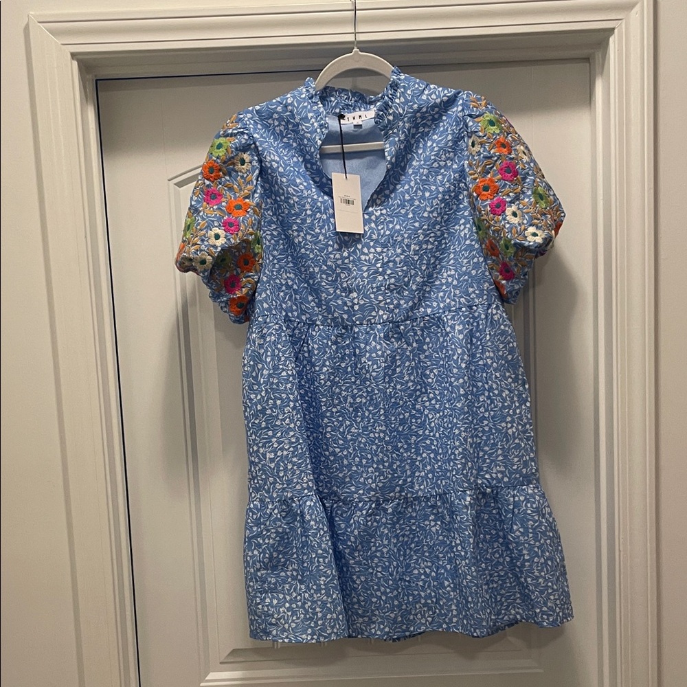NWT THML Blue Floral Mini Dress with Colorful Sleeves from AVARA